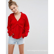 Collarless Ladies Blouse with Long Sleeve Blouse